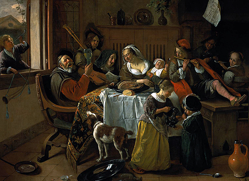 Jan Steen 1626 - 1679, <i>Het vrolijke huisgezin</i> 1668
Op het vel aan de muur rechts boven staat: 
‘<i>SooD / OVDE / Songen / Soo / Pÿpen / De IongE‘, 
‘Zo de ouden zongen, zo piepen de jongen’ </i>. Detail.
Olie op doek, 111 x 141 cm. Rijksmuseum Amsterdam
Ritarita nl 2009 commons.wikimedia