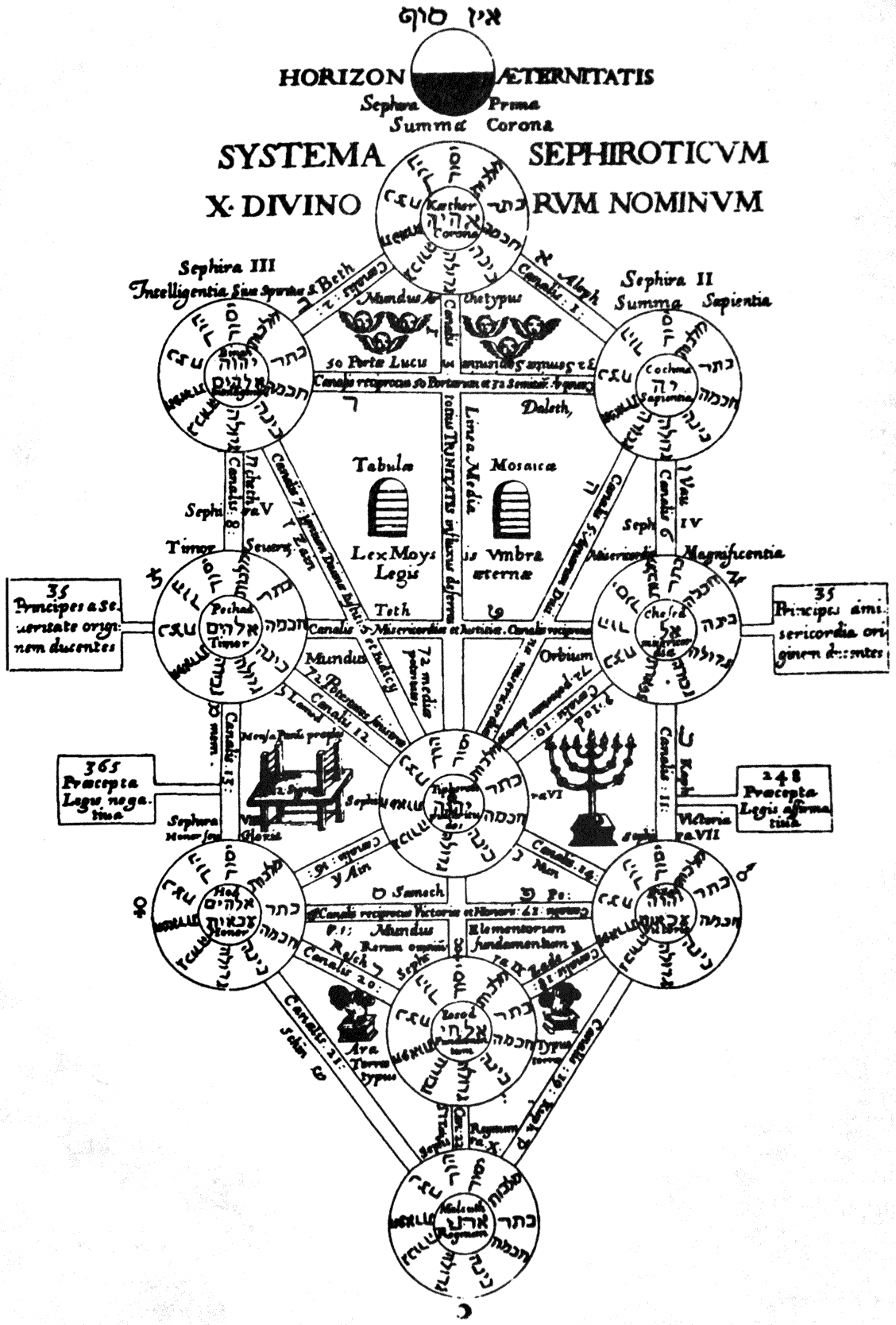 Athanasius Kircher 1602 - 1680
Levensboom, ets in ‘Œdipus Ægypticus’ 1652
De gebruikelijke basisstructuur van de sefirot in de Hermetische Kabbala. 
De illustratie bevat de wet van Mozes, 
248 positieve en 365 negatieve geboden van Maimonides, 1135 - 1204, en meer. 
Fuzzypeg 2006 wikipedia.org