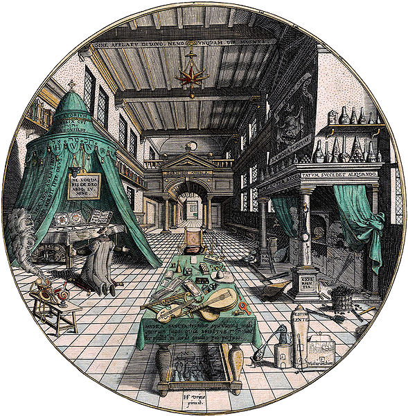 Hans Vredeman de Vries 1527 - 1607
'Het laboratorium van de alchemist' 1595
Ets in 'Amphitheatrum sapientiae aeternae' 
van Heinrich Khunrath commons.wikimedia