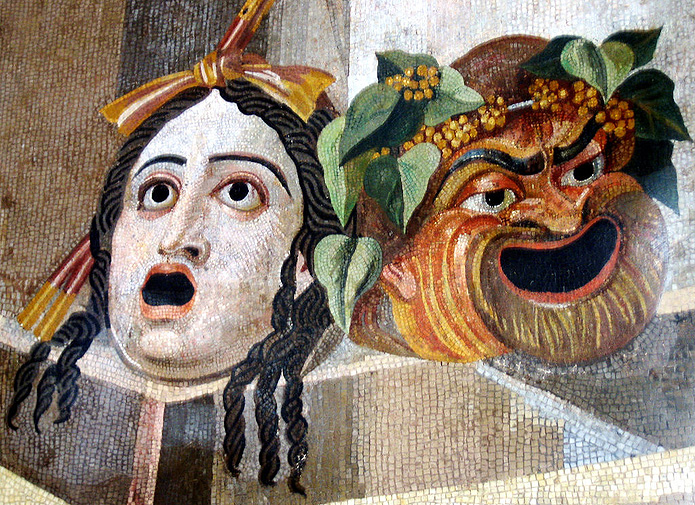 Theatrale maskers van de tragedie en komedie.
Mozaïek, 75 cm hoog, Romeins 2e eeuw n. Chr.
Capitolijnse Musea, Palazzo Nuovo,
Duivenzaal, baden van Decius op de Aventijn, Rome
antmoose 2005 wikipedia.org Theatrale maskers van de tragedie en komedie.
Mozaïek, 75 cm hoog, Romeins 2e eeuw n. Chr.
Capitolijnse Musea, Palazzo Nuovo,
Duivenzaal, baden van Decius op de Aventijn, Rome
antmoose 2005 wikipedia.org