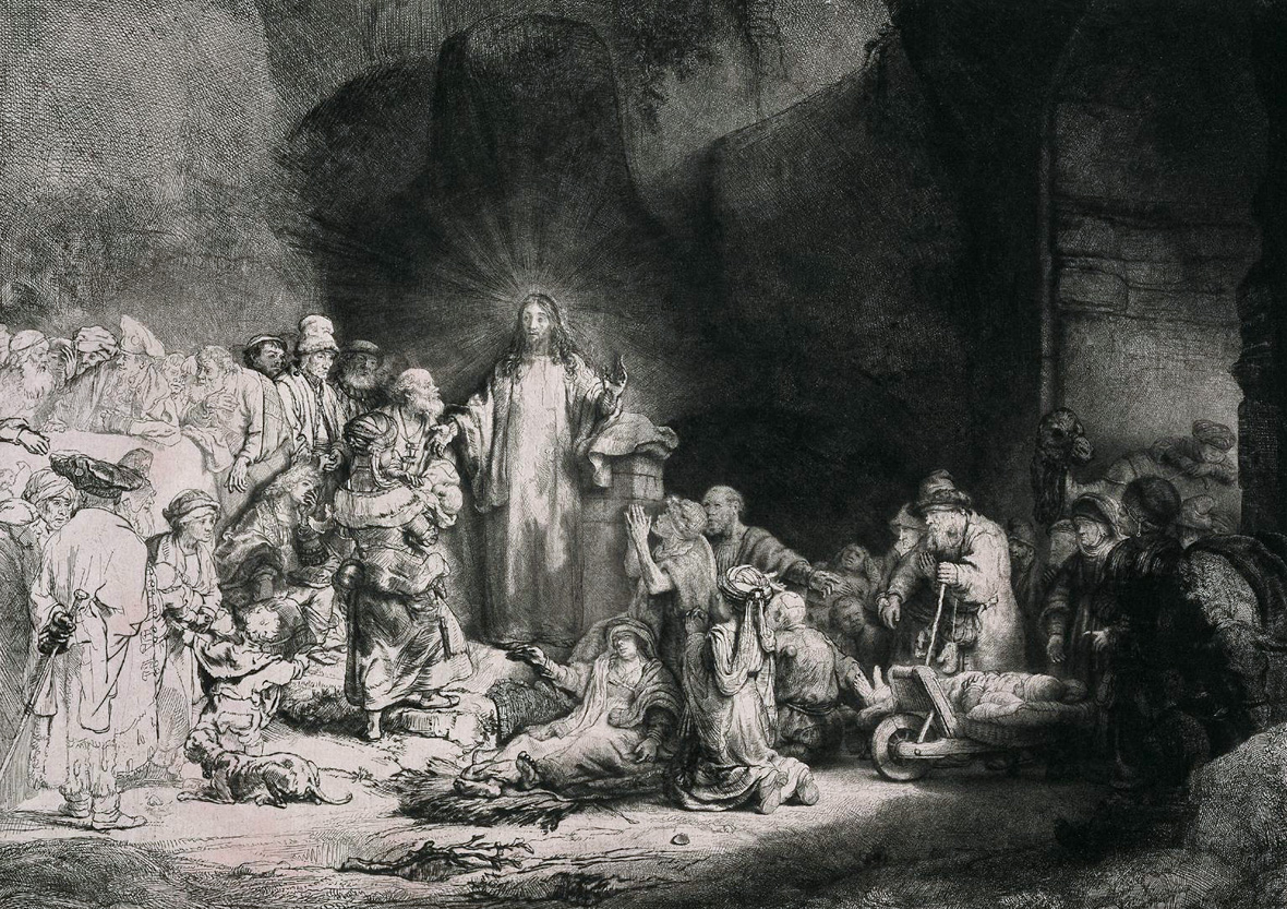 Rembrandt 1606 – 1699
‘Christus geneest de zieken’ of ‘
De Honderdguldenprent’, 1647 - 1649
Ets en burijn (droge naald), 27,8 x 38,8 cm 
Rijksmuseum, Rijksprentenkabinet, Amsterdam
Garabombo 2006 commons.wikimedia