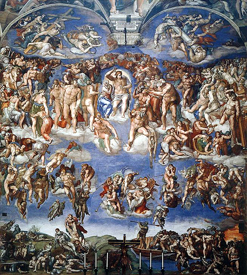 Michelangelo Buonarroti 1475 - 1564
‘Het laatste oordeel’, 1541
Fresco, 13,7 × 12 m,  Sixtijnse Kapel, Vaticaanstad
Arnaud 25 2007 commons.wikimedia