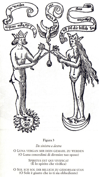 Rosarium Philosophorum, ca. 1550, figuur 3
„Het is de geest die leven geeft.”
„O Maan, gun mij u gemaal te worden.”
„O Zon, ik zal u oprecht gehoorzamen”
Pietro Negri 2012 commmons.wikimedia Rosarium Philosophorum, ca. 1550, figuur 3
„Het is de geest die leven geeft.”
„O Maan, gun mij u gemaal te worden.”
„O Zon, ik zal u oprecht gehoorzamen”
Pietro Negri 2012 commmons.wikimedia