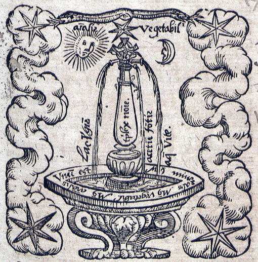 Rosarium Philosophorum: 
Mercurisusbron en kwaterniteit
Grataroli, Guglielmo & Morienus, 1610 
Houtsnede op papier, 7 x 7 cm. 
Deutsche Fotothek, 
FotothekBot 2009 commons.wikimedia