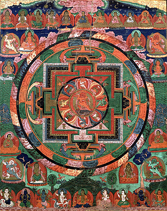 Tibetaanse ‘Vijf Godheden mandala'
In het centrum omhelst Rakta Yamari, de 
‘rode vijand van de dood’, zijn gemalin Vajra 
Vetali, in de hoeken de rode, groene, witte en 
gele Yamari. Anoniem, zeventiende eeuw
Rubin Museum of Art, New York
Wmpearl 2008 wikipedia.org