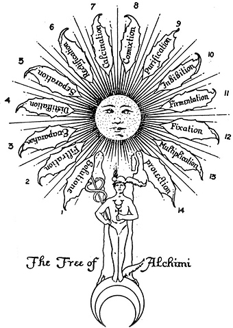 Hermes met caduceus onder 
De boom van de Alchimi, 1577
1. Solution, 
2. Filtration, 
3. Evaporation, 
4. Distillation, 
5. Separation, 
6. Rectification, 
7. Calcination, 
8. Commixtion, 
9. Purification, 
10. Inhibition, 
11. Fermentation, 
12. Fixation, 
13. Multiplication, 
14. Projection
Mattes 2007 commons.wikimedia