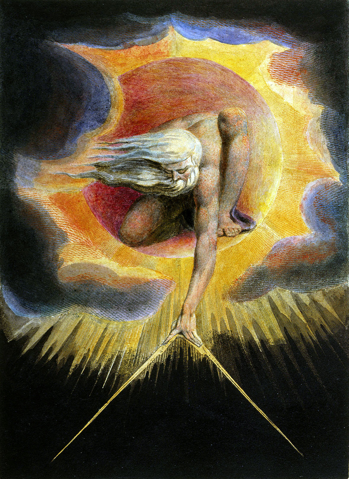 William Blake 1757 - 1827
‘Ancient of Days’, 1794
De Oude van Dagen in de zon naast de maan,
meet met een passer de aarde uit. 
Reliëf en wittelijnets, kleurendruk en handinkleuring,
36 x 26 cm. British Musuem, Londen 
Jaybear 2013 wikimedia.org