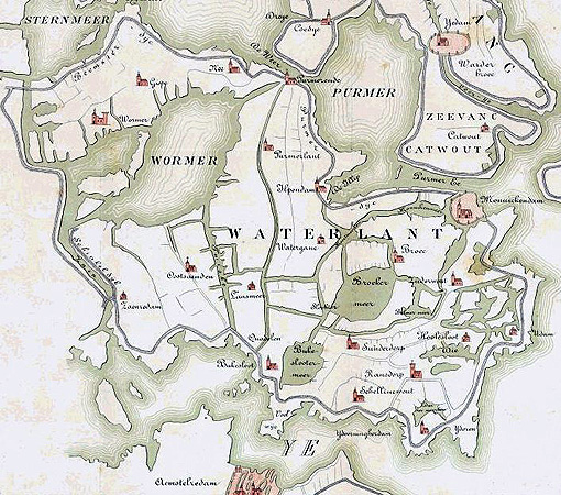 De Waterlandse Zeedijk omringde al in 1288 Waterland, 
maar de binnenmeren ten noorden stonden nog in open verbinding 
met de Zuiderzee. Hannes 2008 commons.wikimedia