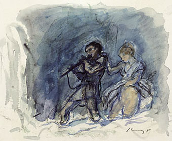 Max Slevogt 1868 - 1932
Tamino en Pamina ondergaan hun laatste beproeving.
Scène uit Mozarts Toverfuit, 1920 
Waterverf en inkt op papier
AndreasPraefcke 2006 wikimedia.org