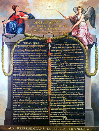 Représentation de la ‘Déclaration des Droits de l'Homme et du Citoyen de 1789.
Voorstelling van de Verklaring van de Rechten van de Mens en de Burger van 1789.
Jean-Jacques-François Le Barbier 1738-1826
Olie op panel, 71 × 56 cm. Carnavalet Museum, Parijs, wikipedia.org