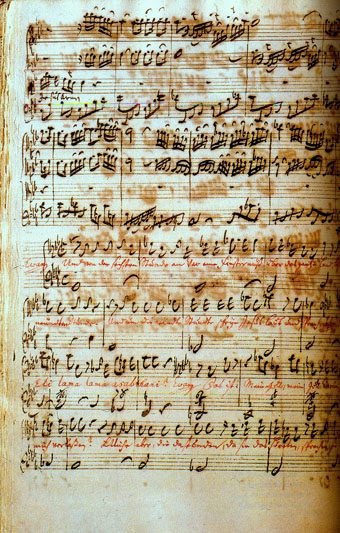 Matteüspassie om 1736, 
Begin van recitatief nr. 71, 
J. S. Bach schreef Bijbelwoorden in rood,
wikipedia.org