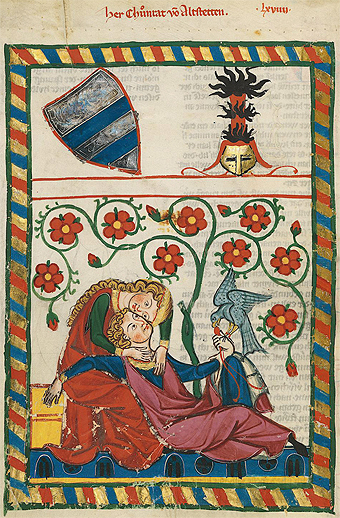 Auteurbeeld Konrad van Altstetten. 'Heer Chunrat von Alstetten’, 1305 - 1315. Meester van de Codex Manesse, Meester Manessische liederenhandschrift. Bibliotheek Universiteit Heidelberg, Codex Manesse, Cod. Pal. germ. 848, fol. 249v: Heer Konrad van Altstetten. De dynastie Altstetten wordt betuigd sinds 1166, zat in het Boven-Rijndal en diende de abt van St. Gallen. De minstreel is waarschijnlijk de 1320 - 1327 betuigde Konrad van Altstetten met het Meierambt. digi.ub.uni-heidelberg.de, A. Praefcke 2012 commons.wikimedia