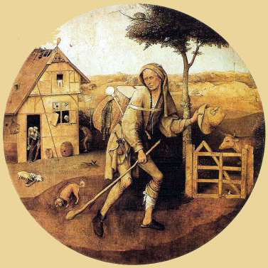 Hiëronymus Bosch ca. 1450 - 1516
Venter, terugkijkend op bordeel met zwanensymbool en eksterkooi, 
loopt naar hek met galg als grenssymbool. 
Paneel, diameter 71 cm
Museum Boymans-van Beuningen Rotterdam
2013 pylgeralmanak.nl