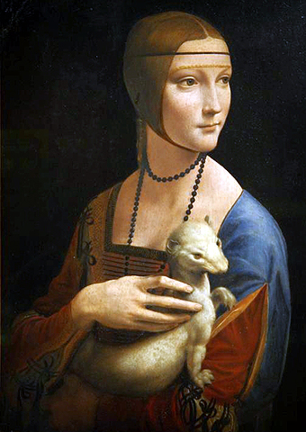 Leonardo da Vinci 1452 - 1519: 
Dame met de hermelijn 1490 = 
Portret Cecilia Gallerani, 
belangrijkste maîtresse van 
Ludovico Sforza hertog v. Milaan. 
Olie en tempera op houtpaneel, 55 × 40 cm. 
Czartoryski Museum, Krakau. 
BurgererSF 2013 commons.wikimedia