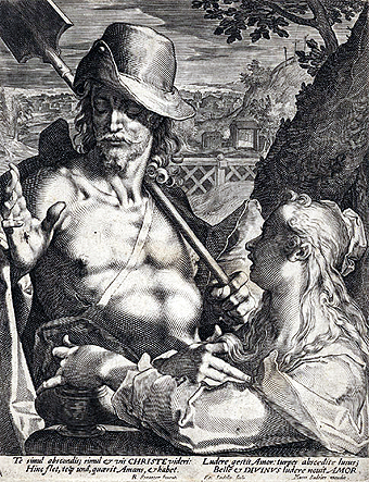 Ägidius Sadeler 1570 - 1629
Cristus verschijnt Magdalena als tuinman
Christus en Maria Magdalena in de tuin
naar Bartholomeus Spranger 1546 - 1611
Kopergravuredruk 28 x 22 cm
A. Praefc 2006 commons.wikimedia