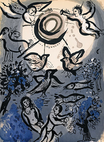 Marc Chagall 1887 - 1985
Creation 1960
Kleuren litografie ongesigneerd 35 x 25 cm
Joods Historisch Museum Amsterdam 1994
Kalab 2013
