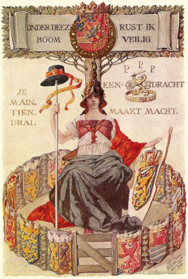  ONDER DEEZE BOOM RUST IK VEILIG
JE MAIN TIEN DRAI - EENDRACHT MAAKT MACHT
T. van der Laan, 1913
Hollandse Maagd, Vrijheidshoed Oranjeboom, hek als Hagal
De Hollandse Tuin gesloten onder Koningin Wilhelmina
2013 pylgeralmanak.nl