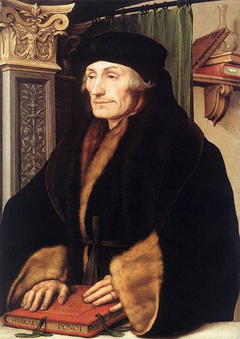 Hans Holbein de Jonge 1498 – 1543, 
Desiderius Erasmus 1523, 
olie en tempera op paneel, 76 × 51 cm, 
National Gallery Londen, Web Gallery of Art, 
commons.wikimedia