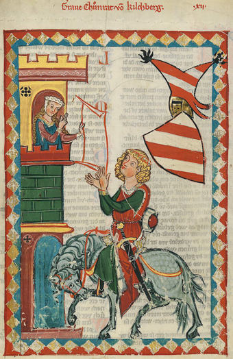 Meester van de Codex Manesse:
Konrad von Kirchberg 24r, 1305 - 1315. 
'Minnezanger biedt gedicht aan'.
Waterverf op perkament. 
Manessische en Groote, 
Heidelbergse Liederenhandschrift, 
UB Heidelberg, digi.ub.uni-heidelberg.de. 
A. Praefcke 2012 commons.wikimedia