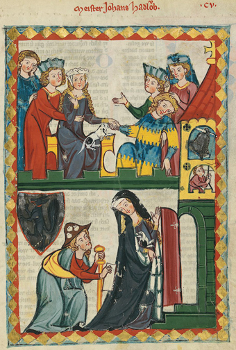 Meester van de Codex Manesse:
Meister Johans Hadlob cv, 1305 - 1315.
Cod. Pal. germ. 848, fol. 371r.
Waterverf op perkament.
Manessische en Groote,
Heidelbergse Liederenhandschrift,
UB Heidelberg, digi.ub.uni-heidelberg.de.
A. Praefcke 2012 commons.wikimedia Meester van de Codex Manesse:
Meister Johans Hadlob cv, 1305 - 1315.
Cod. Pal. germ. 848, fol. 371r.
Waterverf op perkament.
Manessische en Groote,
Heidelbergse Liederenhandschrift,
UB Heidelberg, digi.ub.uni-heidelberg.de.
A. Praefcke 2012 commons.wikimedia