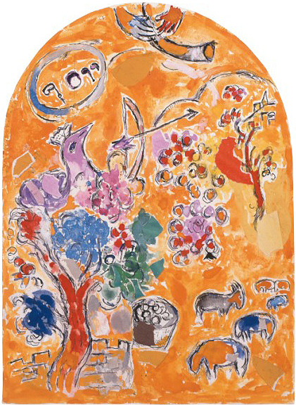 Marc Chagall 1887 - 1985
‘Stam Jozef’ 1959 - 1960
Definitief ontwerp voor raam vijf voor de synagoge
van het Hadassah ziekenhuis in Ein Kerem, Israël
Private collectie, Archiv Marc en Ida Chagall, Parijs
© ProLitteris Zürich, vidimus.org