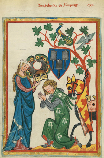 Meester van de Codex Manesse: Der Schenke von Limburg 82v, 1305 - 1315, Cod. Pal. germ. 848, fol. 82v. Waterverf op perkament.Manessische en Groote Heidelbergse Liederenhandschrift, UB Heidelberg, digi.ub.uni-heidelberg.de. Bot Eloquence 2005 commons.wikimedia