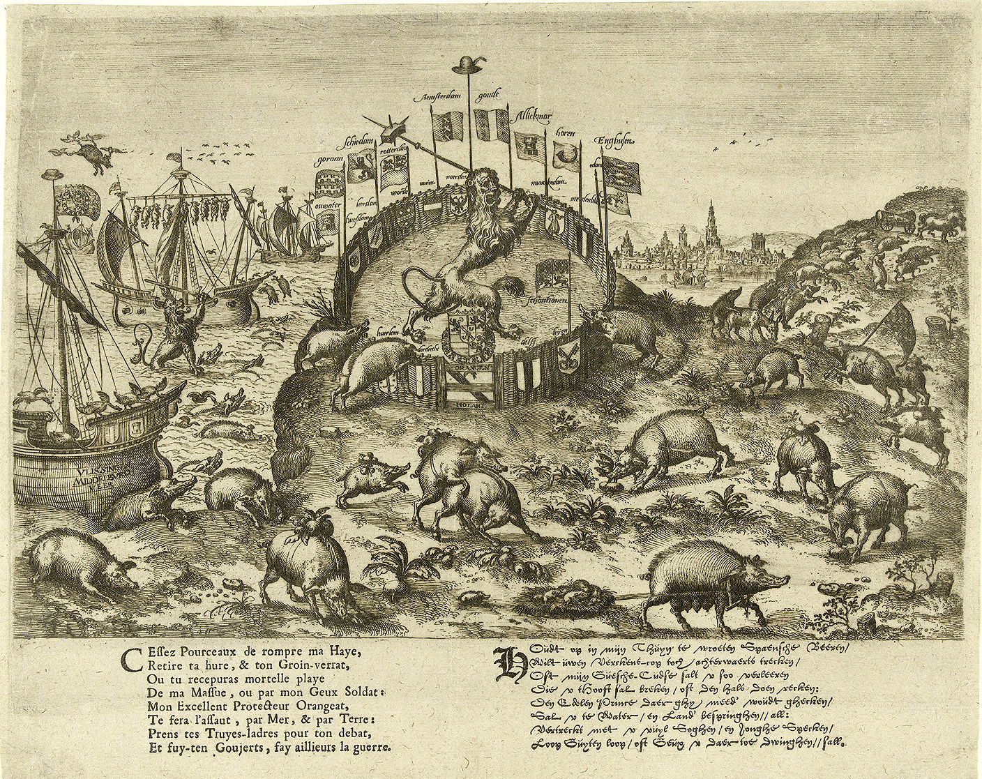 Propagandaprent, anoniem 1578 - 1582
‘HOudt op in mijn Thuyn te wroeten Spaensche Beeren’; Politiek metafoor uit de tachtigjarige oorlog:
de Hollandse Leeuw verdedigt de omheinde Hollandse Tuin tegen de verwoestende Spaanse zwijnen.
Wapens van bevrijde steden, zoals Alkmaar, Amsterdam, Delft, Dordrecht, Enkhuizen, Gouda, Haarlem,
Hoorn, Leerdam, Rotterdam en Schiedam, sieren de omheining. Het wapen van de prins van Oranje
pronkt op het toegangshek. Spaanse ‘beeren’, mannelijke zwijnen, belagen de omheinde tuin en
woelen ongehinderd het land buiten het hek om. Rechts een ‘beer’ met het vaandel van Alva. Als
pedagogische waarschuwing toont de prent copulerende ‘beeren’, op de voorgrond met een zeug en
rechts achter met een ezelin. Vooraan trekt een zeug in een juk een nest met biggetjes. De Zeeuwse
leeuw bevecht de varkens te water. Links in de zee, op het schip met de namen van de steden
Vlissingen, Middelburg en Veere, en in het water daarachter zitten ganzen blazend achter zwijnen aan.
Van het schip daarachter vluchten zwijnen de zee in.
Negen zwijnen bungelen al hoog van de ra en vier ganzen slepen een tiende zwijn door de lucht.
In het onderschrift 2 verzen van 8 regels in het Frans en Nederlands.
Ets in boekdruk, 23 × 29 cm.
Rijksmuseum Amsterdam, geheugenvannederland.nl Propagandaprent, anoniem 1578 - 1582
‘HOudt op in mijn Thuyn te wroeten Spaensche Beeren’; Politiek metafoor uit de tachtigjarige oorlog:
de Hollandse Leeuw verdedigt de omheinde Hollandse Tuin tegen de verwoestende Spaanse zwijnen.
Wapens van bevrijde steden, zoals Alkmaar, Amsterdam, Delft, Dordrecht, Enkhuizen, Gouda, Haarlem,
Hoorn, Leerdam, Rotterdam en Schiedam, sieren de omheining. Het wapen van de prins van Oranje
pronkt op het toegangshek. Spaanse ‘beeren’, mannelijke zwijnen, belagen de omheinde tuin en
woelen ongehinderd het land buiten het hek om. Rechts een ‘beer’ met het vaandel van Alva. Als
pedagogische waarschuwing toont de prent copulerende ‘beeren’, op de voorgrond met een zeug en
rechts achter met een ezelin. Vooraan trekt een zeug in een juk een nest met biggetjes. De Zeeuwse
leeuw bevecht de varkens te water. Links in de zee, op het schip met de namen van de steden
Vlissingen, Middelburg en Veere, en in het water daarachter zitten ganzen blazend achter zwijnen aan.
Van het schip daarachter vluchten zwijnen de zee in.
Negen zwijnen bungelen al hoog van de ra en vier ganzen slepen een tiende zwijn door de lucht.
In het onderschrift 2 verzen van 8 regels in het Frans en Nederlands.
Ets in boekdruk, 23 × 29 cm.
Rijksmuseum Amsterdam, geheugenvannederland.nl