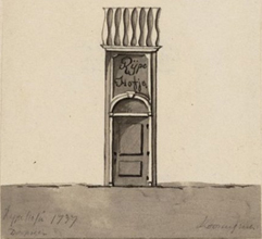 Rozengracht 116-118 en Rozengracht 136, 
met daartussen de ingang van het Rijpenhofje, 
Rozengracht 120-134. 
Handgekleurde reproductie naar tekening van L.W.R. Wenckebach.