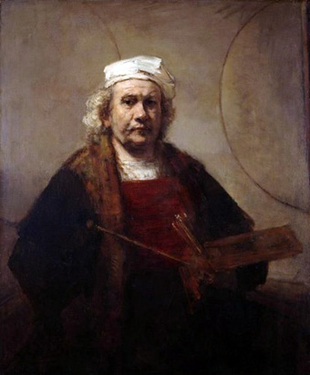 Donkere barokke schaduwen in een 
laat Zelfportret (1668) van de reeds verarmde
Rembrandt Harmenszoon van Rijn (1606 - 1669), 
Kenwood House, Londen, commons.wikimedia