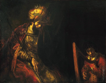 Saul en David, 1650 - 1670. 
Rembrandt en werkplaats 1606 – 1669. 
Olie op doek, 130 x 164 cm.  
Mauritshuis Den Haag. 
geheugenvannederland.nl, 
wikimedia.org