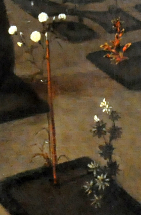 Bloeiende rozen en bloemen in Van de Rijps hoftuin. 
Het formaat van het schilderij stond niet toe, 
bloemen minutieus uit te werken. Detail. Kalab 2013