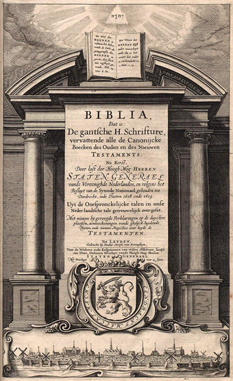 Titelpagina Statenvertaling 
met stadsgezicht op Leiden, 
1e druk 1637, Collectie NBG, 
commons.wikimedia