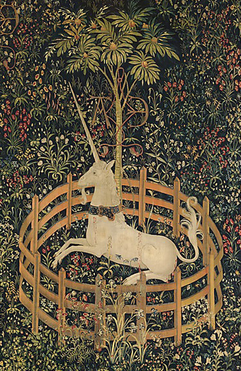 Eenhoorn in blijde gevangenschap
Zuid-Nederlands Wandtapijt, 1495 - 1505 
Wol, zijde, zilver en vergulde inslagen, 
368 x 251 cm. metmuseum.org