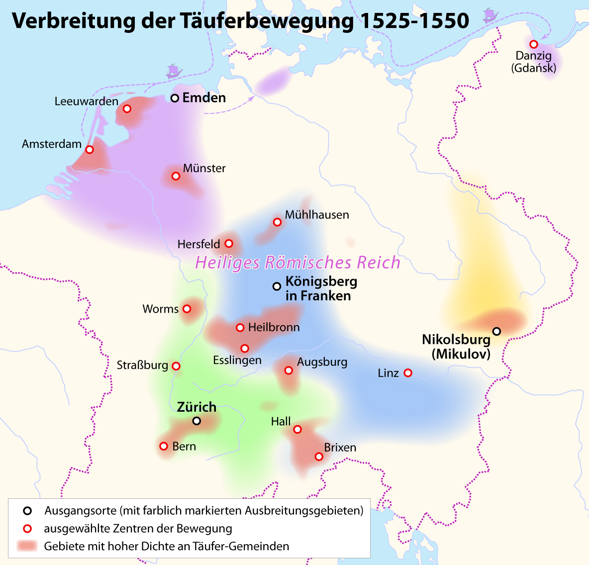 Verspreiding van doopsgezinden 1525 - 1550
Zwarte cirkel, o: beginplaatsen met kleurgecodeerde verspreidingsgebieden
Rode cirkel, o: geselecteerde centra van de beweging
Gekleurd kastje, [], gebieden met een hoge dichtheid van de Doopsgezinde gemeenten
Maximilian Dörrbecker, Chumwa, commons.wikimedia