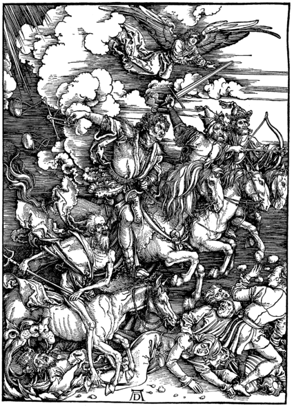 De Openbaring van Johannes 4. 
De Vier Ruiters van de Apocalyps door Albrecht Dürer, 1471 - 1528.
Houtsnede 1497 - 1498. Staatliche Kunsthalle Karlsruhe. 
Foto: onbekend, commons.wikimedia