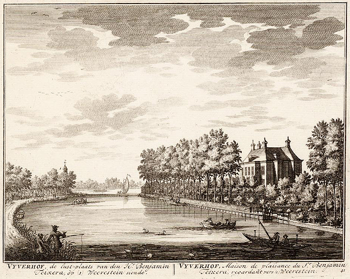'Vijverhof, de lust-plaats van den Hr. Benjamin Teixera, op Weerestein siende'
Rivier Vecht bij Loenen met Vijverhof, 1719. Eigendom van Teixera 1704 - 1728
Uit: De zegepraalende Vecht, Daniel Stoopendaal 1672 - 1726
Sonty567 2012 wikkimedia.commons