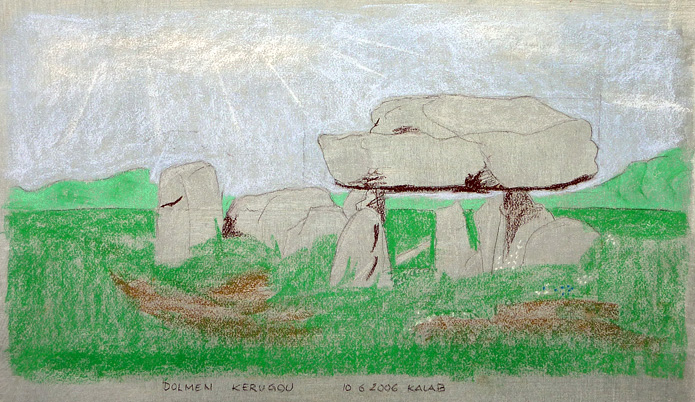 „Dolmen de Kerugou” 
Kerugou, Plomeur, Finistère, Bretagne, 
Frankreich 3.000 v. Chr. 10. Juni 2006, 
Holzkohle und Pastell auf Dispersion auf Papier