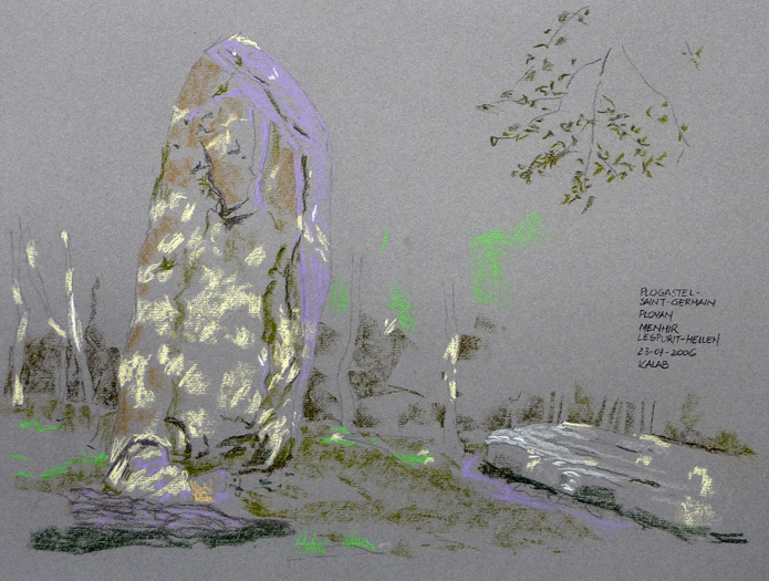 „Menhir de Lespurit-Hellen”
Plogastel-Saint-Germain, Plovan, Plomeur, Bretagne, Frankreich 
4.000 v. Chr. Granit 7,6 meter 
23. Juli 2007, Pastell auf Pastellpapier