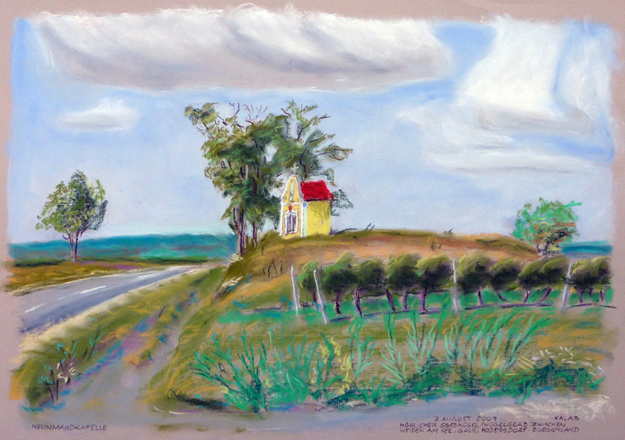 „Neunmahdkapelle”, 
Kapelle auf Grabhügel, Weiden am See, Burgenland, Österreich
7. Augustus 2009, Pastell auf Pastellpapier